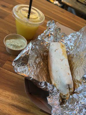 Freshly squeezed orange juice, Federal chorizo burrito with a side of cilantro garlic aioli.