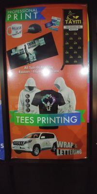 Banners, Tees Printing, vehicle wrap& Lettering, Hats printing, Cups printing, foaming board printing.