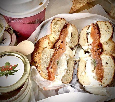 Everything bagel toasted well w/cream cheese and lox, slice onion and capers!  Bagel with Sliced Nova and Cream Cheese