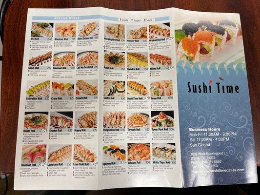 Original Sushi Time Owners menu.