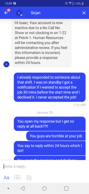 Message they sent after suspending my account for no reason. They opened my reply and never even messaged me back after sayin please reply.