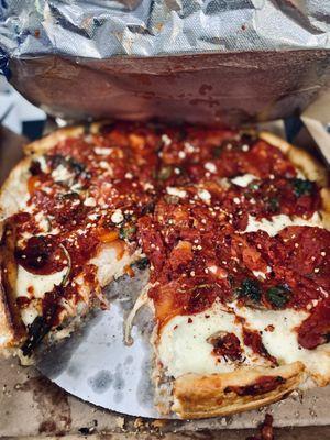 Pepperoni, Mushroom and Spinach Chicago Deep Dish Pizza