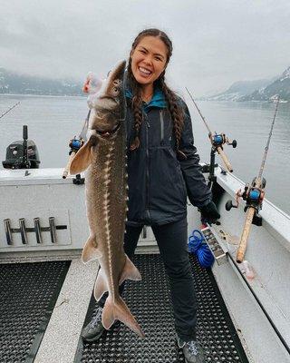 A very nice keeper sturgeon on tge Columbia river