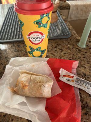 Almond Milk Mocha & Sausage Breakfast Burrito.