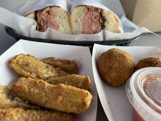 Roast beef Italiano, zucchini sticks and delish rice balls.