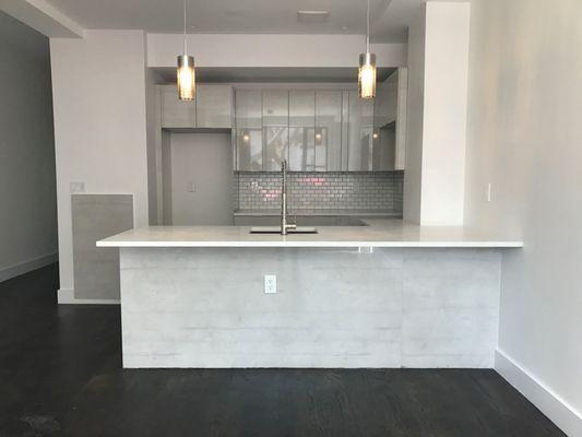 White Glazed Cabinets with Island