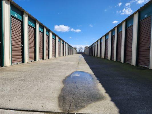 Two rows of self-storage units.