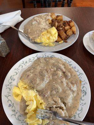 Chicken fried steak with gravy and country potatoes scrambled egg. Half order of biscuits and gravy