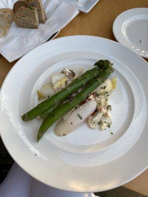 Asparagus & cauliflower with strawberries, endive, and mustard tarragon vinaigrette