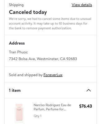 Tran Phuoc is trying to use my credit card to purchase perfume and send it to this address. Business probably shady too.
