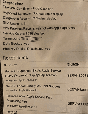 Portion of my apple store receipt proving that the phone was in good condition, but that the screen was the problem.