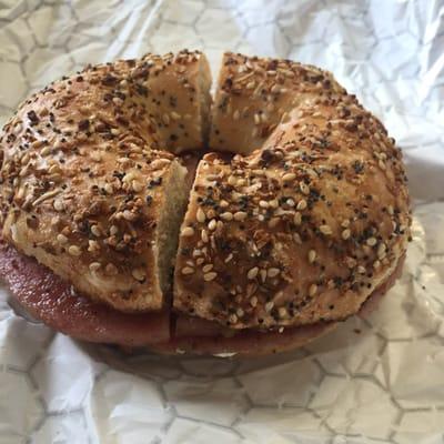 Pork roll and cream cheese on an everything bagel