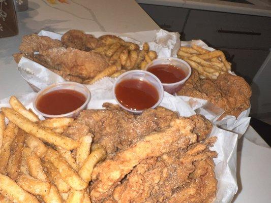 Chicken tenders (2) and a small perch dinner