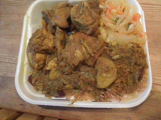 Medium jerk chicken with rice and peas and cabbage salad