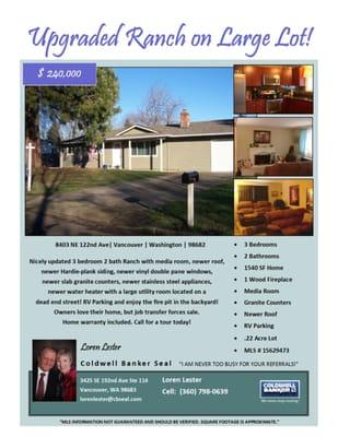 Real Estate for sale at $240,000! Just Listed-Three Bedroom, two Bath, 1540 square foot upgraded one level Ranch style home on large .22 acr