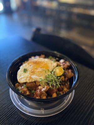 Sisig rice bowl with egg; chicken