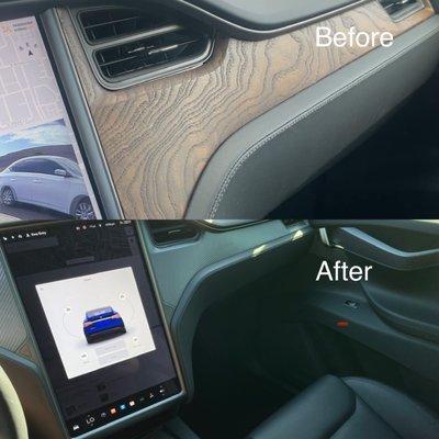 Before: light wood trim (doesn't match the Model X at all)  After: carbon fiber trim