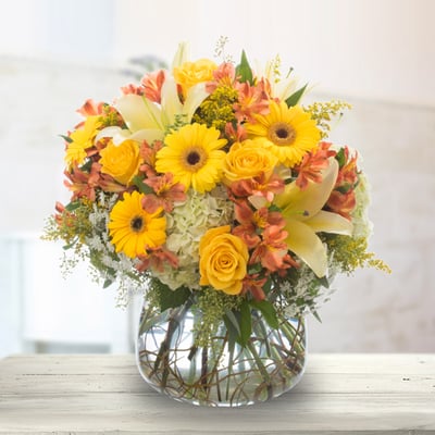 IBE1078 Morning Joy - Fragrant oriental lilies, gerbera daisies, roses and alstomeria round out this beautiful floral arrangement.