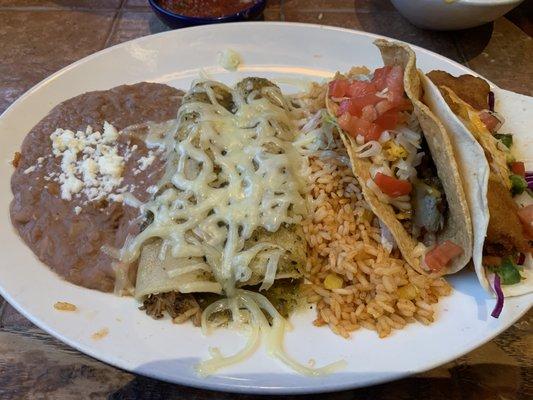 4-item combo with carnitas enchilada, chicken salsa verde enchilada, ground beef crispy taco, and Dos XX fish taco with Mexican rice & beans