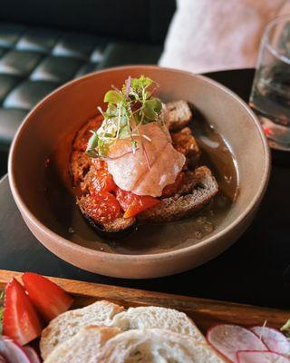 quick cure cod, toast, tomato, Portuguese oil