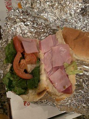 A very poorly made Italian sub sandwich.  What were they doing with ham all cubbies.  I guess this is from there pizzia toppings