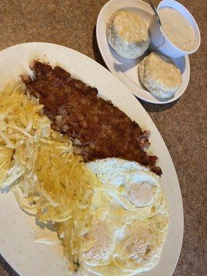 Corned Beef Hash, eggs, hash browns with biscuits and gravy