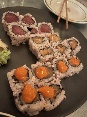 Tuna, salmon and spicy salmon rolls