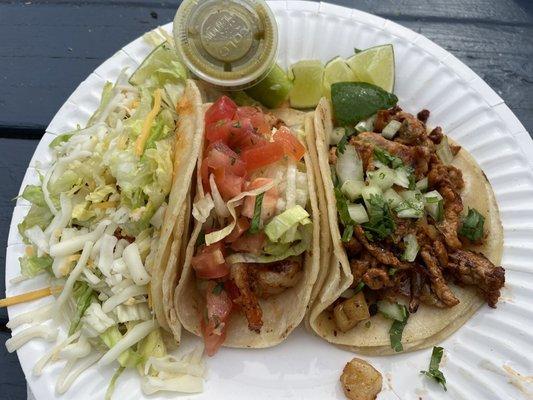 Chicken Tinga taco, shrimp, Al pastor