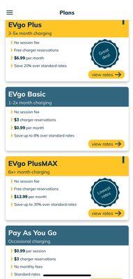 These are the different membership plans available with EVgo, membership rates vary by session fee, monthly fee and rate (kWh) fee