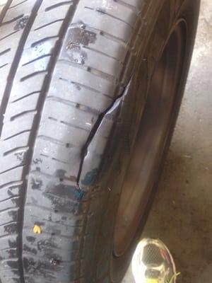 I obviously ran over something on Colonial Dr. Whatever it was, it was enough to do this damage my tire. :-(