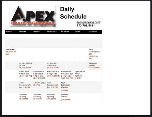 Our UPDATED schedule, stop by for a FREE week trial. Just give us a call at 773.707.5191 to get started.