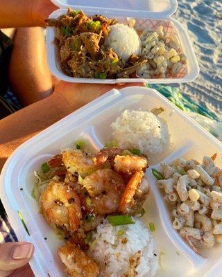 Garlic shrimp and small kahlua pork plate. Took it to the beach at sunset- perfect!