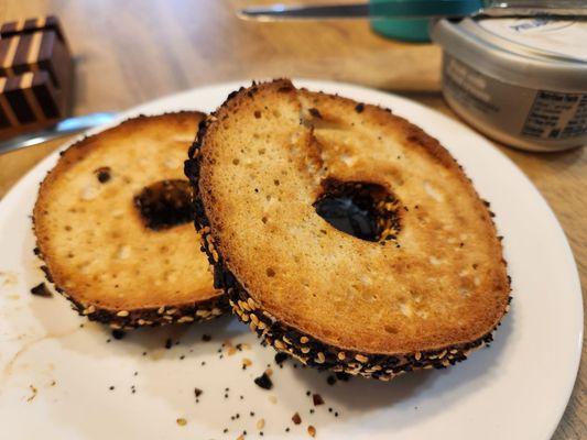 Toasted everything bagel. Very similar in texture and taste to a NY bagel, just a bit dry.