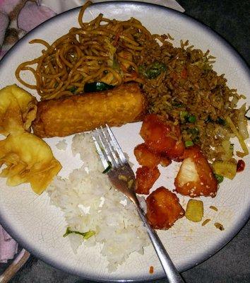 So good!  Veggie fried rice, chicken lo mein, sesame chicken, cream cheese won tons,  and egg roll.