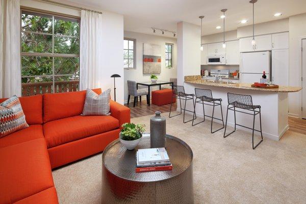 Living room, kitchen, and dining area