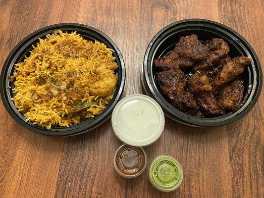 Shrimp Biryani and Tamarind Chicken Wings