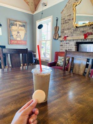 Almond macaron and cinnamon bun iced latte.