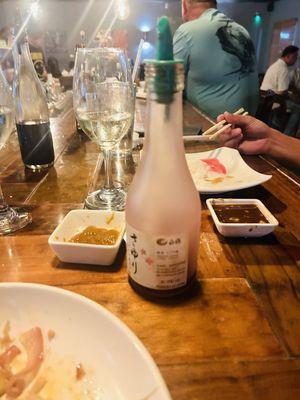 Soy sauce in a saki bottle