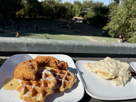 Chicken and waffles and biscuits and gravy (half order)