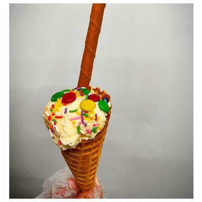 Fiesta Cone! A kids favorite!! And you too can enjoy one. Choose your ice cream. We add sprinkles, m&m's and waffle roll.