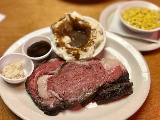 12oz Prime Rib, Medium Rare, Horseradish and Mashed Taters/Brown Gravy & Sweet Corn Sidekicks!