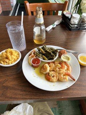 Shrimp dinner with collards and Mac n cheese