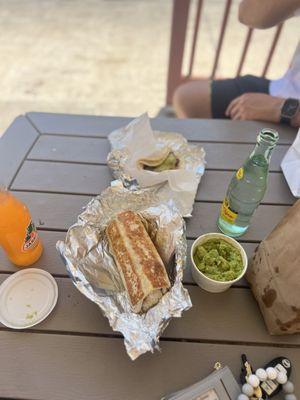 Crispy supreme steak burritos , steak tacos, and Guacamole and chips