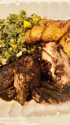 White meat jerk chicken, Fried Sweet Plantains, and Callaloo