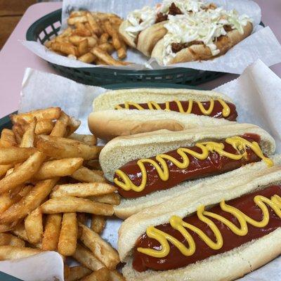 3 HotDogs w/ Ketchup, Mustard & Double Order of Fry's & 2 HotDogs w/ Sauce and Slaw.