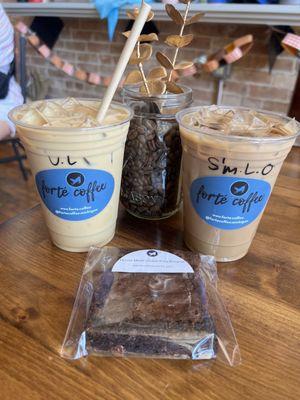 Vanilla latte, s'mores latte, chocolate GF brownie