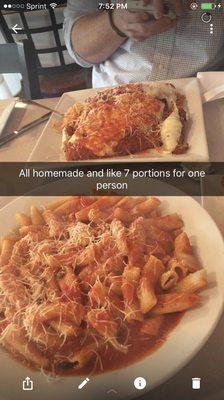 Chicken parmesan and a bowl of homemade pasta