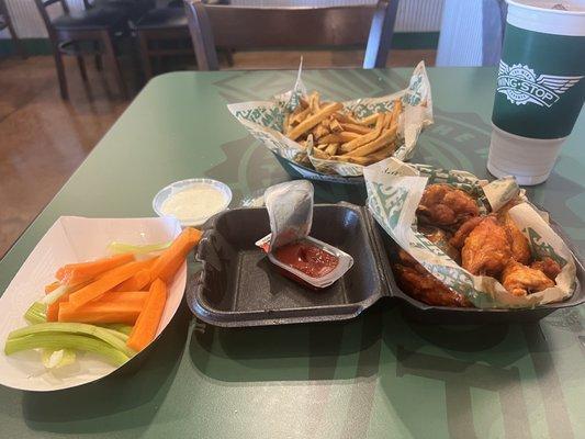 8 piece wing meal with Hot and Mild traditional wings, hot and fresh fries and veggies to help wash it all down