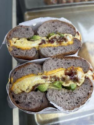 bacon egg and cheese on blueberry bagel