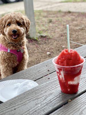 Strawberry sno-cone with vanilla soft serve